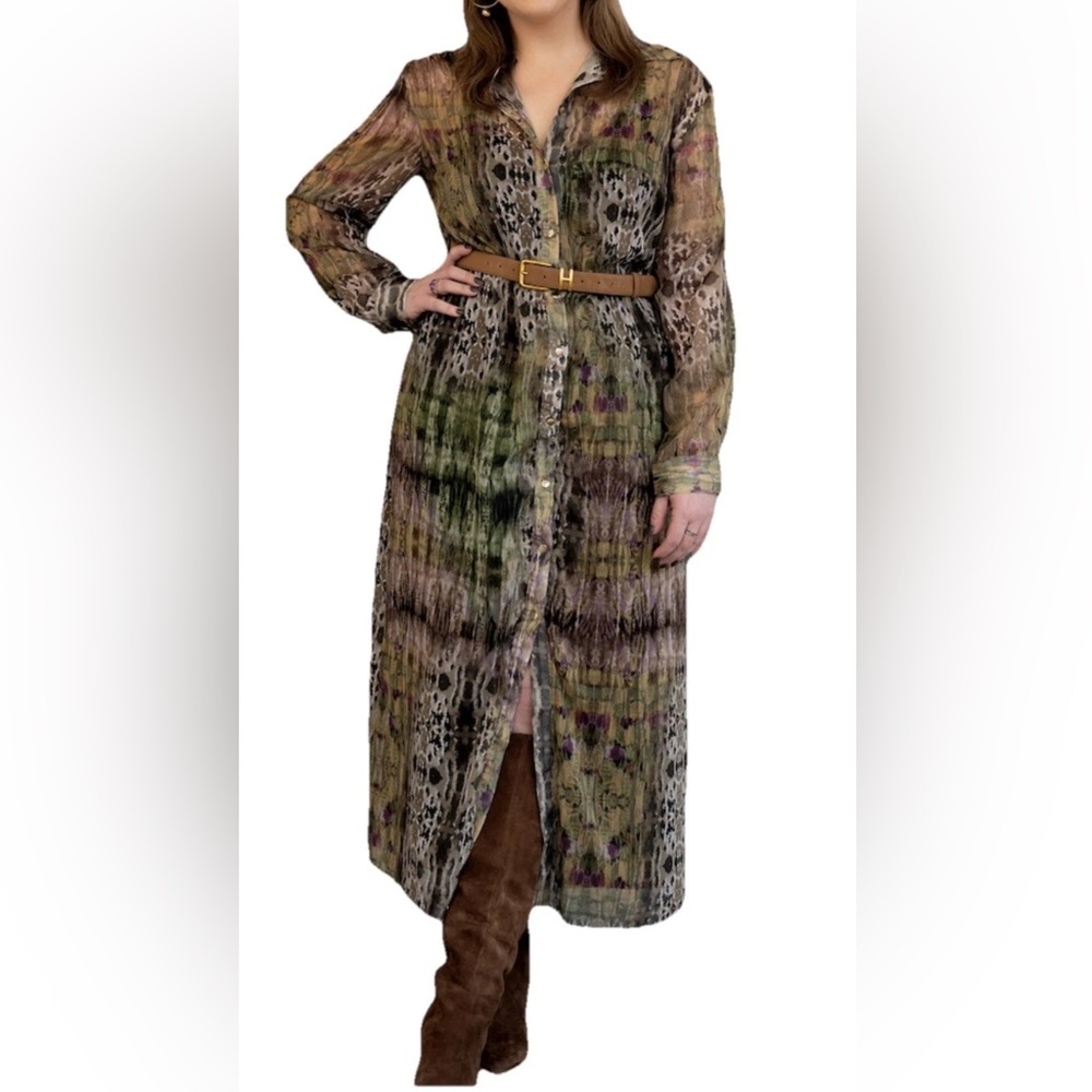 Zara Maxi Shirt Dress Green Metallic Thread Animal Print  Gold Buttons Size XL